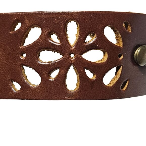 Vintage Brown Leather Floral Cut Out Bracelet Brass Cross Charms Spiritual Boho - Picture 7 of 8